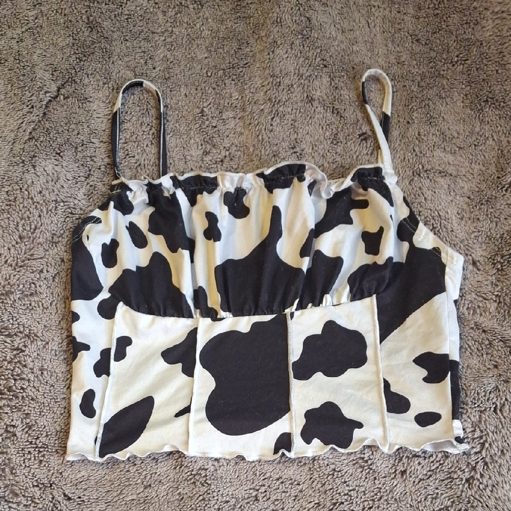 🐮 Comfy Black & White Cow Print Crop Top Womens M Juniors L
